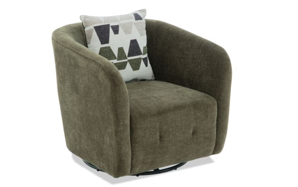Modern olive green fabric swivel armchair with curved armrests and a decorative geometric-patterned cushion for living room seating.