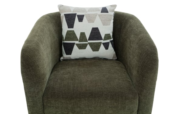 Dark olive green upholstered armchair with rounded arms and a decorative geometric-patterned throw pillow in neutral tones, suitable for modern living room seating.