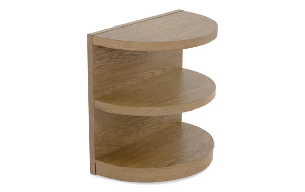 Beige Hampton Natural Half Oval End Table with two spacious shelves, contemporary style, MDF and polyester fabric, from Hampton Entertainment & Occasional collection.