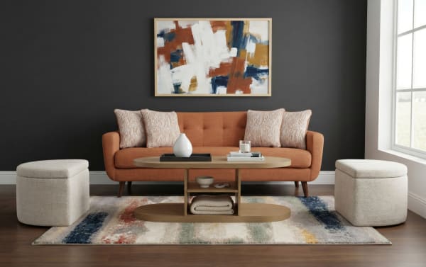 Contemporary Hampton Natural & Beige Oval Storage Coffee Table with MDF wood, beige polyester fabric, spacious shelves, and two nesting footrests for extra seating and hidden storage.