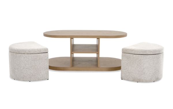 Hampton Natural & Beige Oval Storage Coffee Table with MDF shelves and two beige polyester fabric nesting footrests, contemporary style from Hampton Entertainment & Occasional collection.
