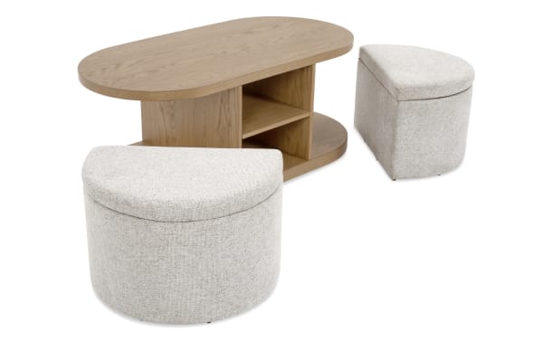 Contemporary Hampton Natural & Beige Oval Storage Coffee Table with MDF wood, beige polyester fabric, spacious shelving, and two nesting footrests with hidden storage.