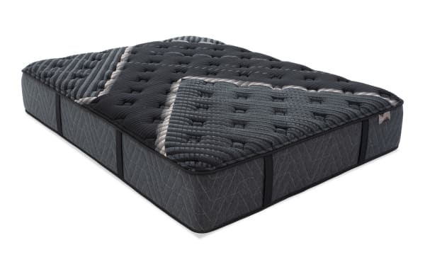 Lush 13'' Queen Firm Boxed Mattress in dark gray with quilted cooling cover, layered foam, gel memory foam, and wrapped coil system for firm support.