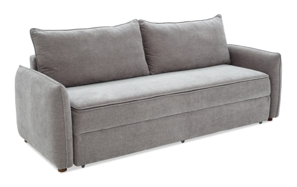 Modern gray fabric sofa with plush cushions, curved armrests, and a minimalist design suitable for living room seating.