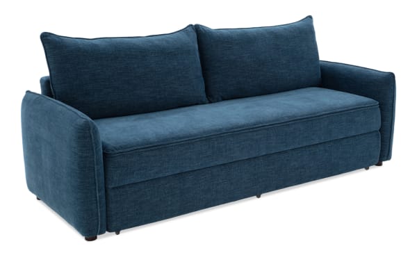 Modern blue fabric sofa with plush cushions and rounded armrests, featuring a sleek, comfortable design ideal for living room seating.
