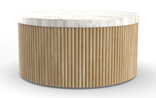 Round coffee table with a white marble top and vertically grooved light wood cylindrical base, modern minimalist design.