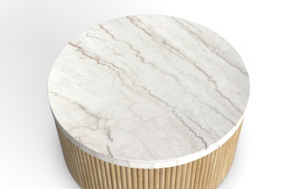 Round coffee table with a white marble top featuring natural gray veining and a textured light brown wooden base, modern design.