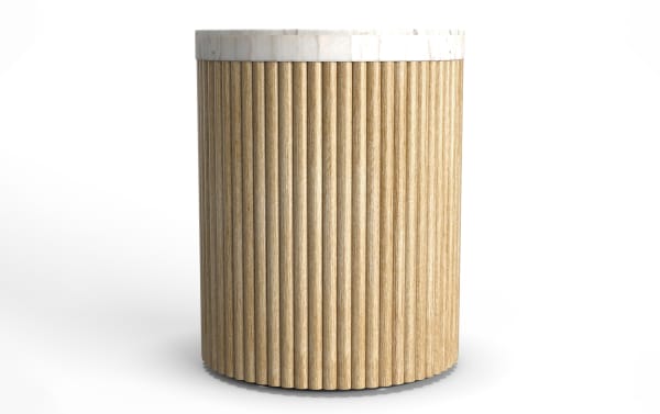 Round wooden side table with vertical slats and a white marble top, featuring a natural wood finish and modern design.