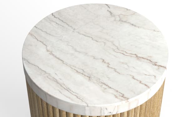 Round side table with a white marble top featuring natural gray and brown veining, supported by a vertically grooved wooden base.