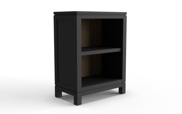 Black wooden nightstand with two open shelves, simple modern design, and raised legs, suitable for bedroom storage or decor.
