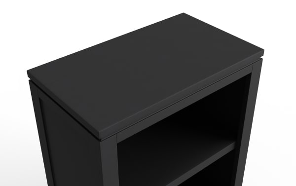 Black wooden bookshelf with a smooth top surface and two open shelves, featuring a modern, minimalist design.