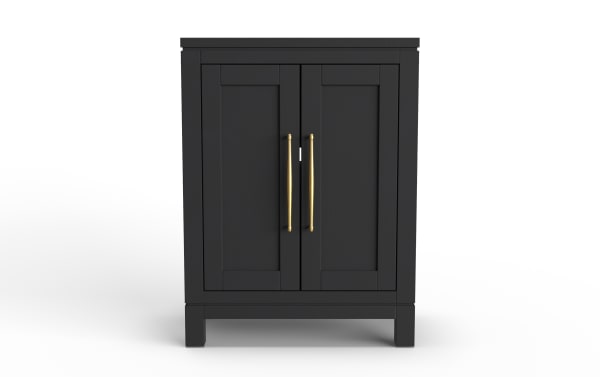 Black wooden cabinet with two paneled doors, gold vertical handles, and a modern minimalist design, suitable for storage furniture.