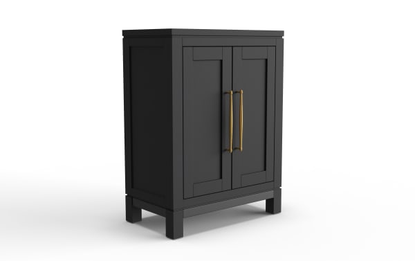 Black wooden cabinet with two paneled doors, gold vertical handles, and sturdy square legs, ideal for modern storage solutions.