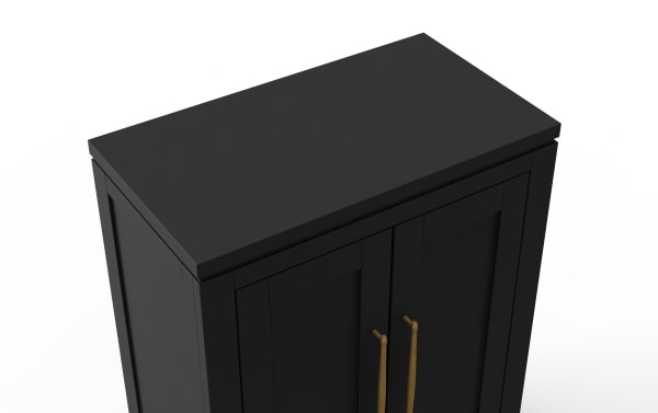Black wooden cabinet with two paneled doors and long vertical brass handles, showcasing a modern, minimalist storage solution.