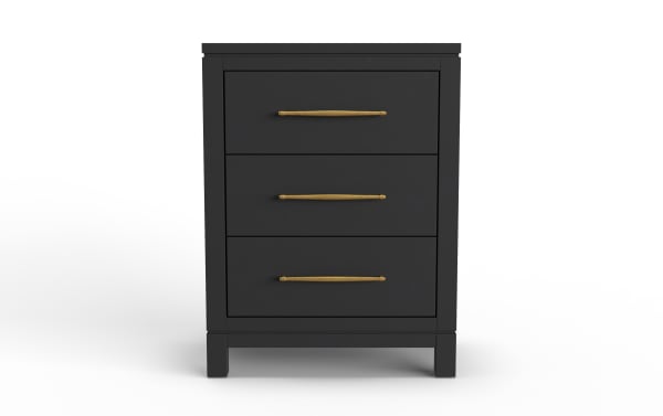 Black wooden nightstand with three drawers, featuring sleek gold handles and a modern, minimalist design.