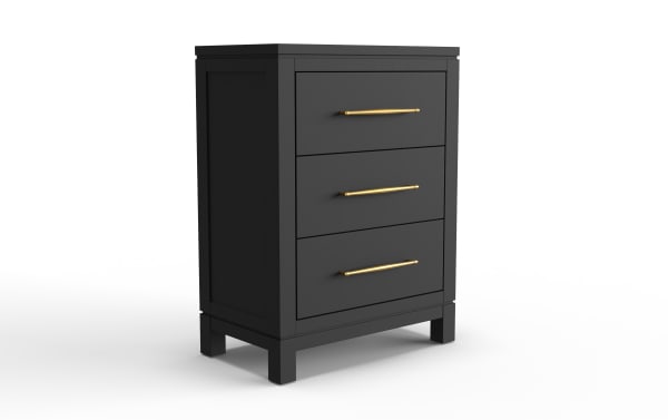 Black wooden three-drawer chest with gold metal handles, modern design, elevated on four square legs, suitable for bedroom or living room storage.