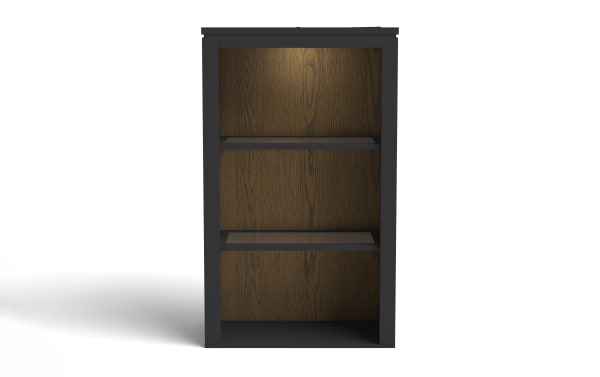 Tall black wooden display cabinet with two glass shelves and a wood-grain back panel, designed for stylish storage or showcasing items.