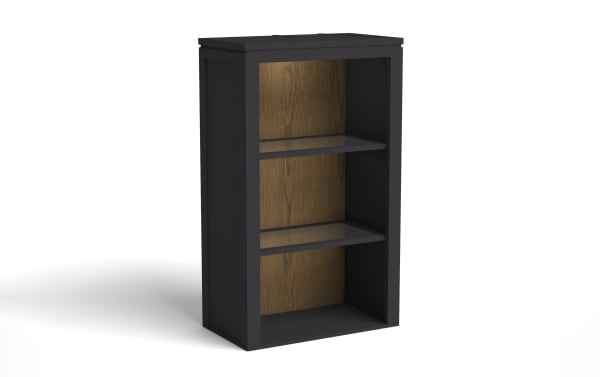 Black wooden bookshelf with two shelves and a wood-textured back panel, designed for home or office storage and display.