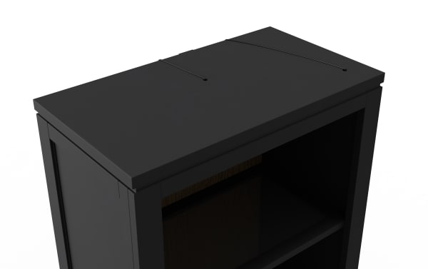 Black wooden storage cabinet top with elastic cord closures, featuring a smooth matte finish and a minimalist design.