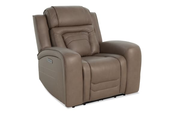 Brown leather recliner chair with padded armrests, cushioned backrest, and side control panel for reclining adjustment.