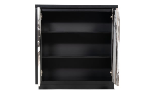 Black storage cabinet with two open doors featuring a glossy marble pattern, three internal shelves, and a modern minimalist design.