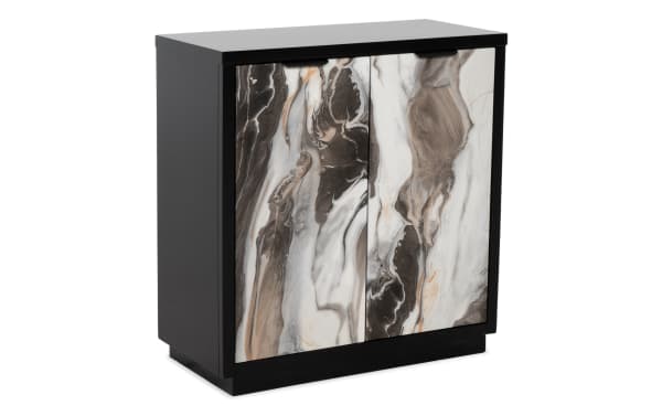 Black storage cabinet with two front doors featuring a marble-patterned design in shades of white, gray, and brown, suitable for modern home decor.