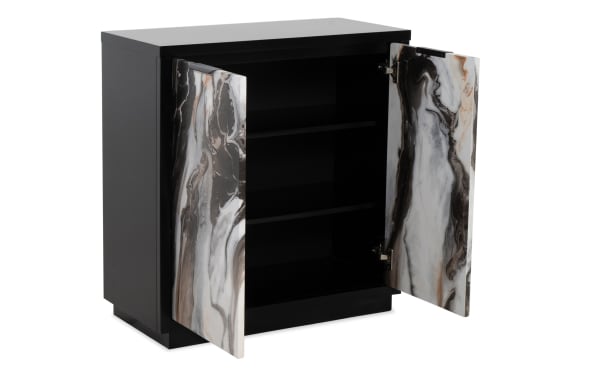 Black storage cabinet with two open doors featuring a marble-patterned finish in white, black, and brown tones, with two interior shelves for organized storage.