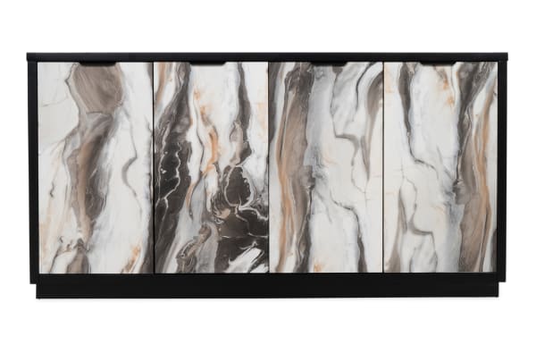 Modern sideboard cabinet with black frame and four doors featuring a white, gray, and beige marble pattern, ideal for stylish storage.