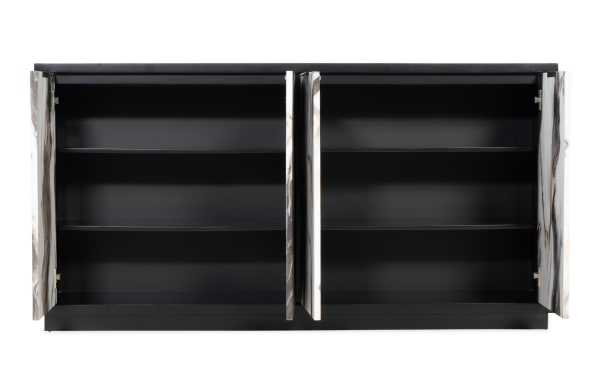 Black modern storage cabinet with two marble-patterned doors open to reveal spacious interior with two shelves on each side, ideal for organizing items.