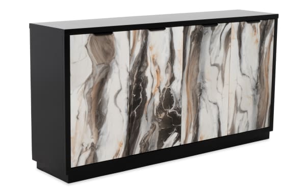Modern black sideboard cabinet with four doors featuring a marble-patterned finish in white, gray, and brown tones, ideal for stylish storage.