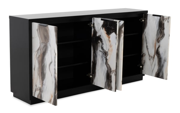 Black storage cabinet with three open doors featuring white and brown marble-patterned fronts, showcasing adjustable interior shelves for versatile organization.