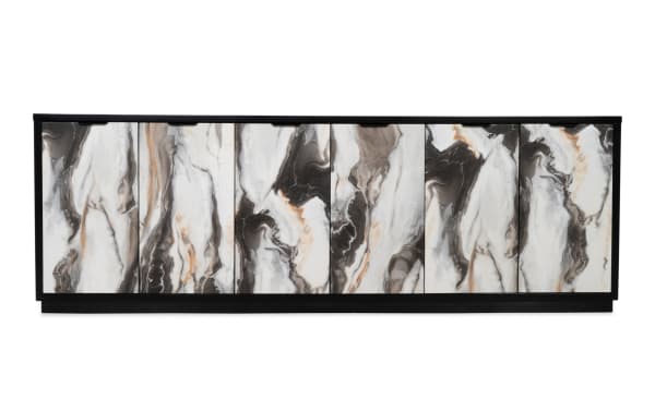 Modern sideboard cabinet with black frame and marble-patterned doors in shades of white, gray, and beige, featuring a sleek, minimalist design.