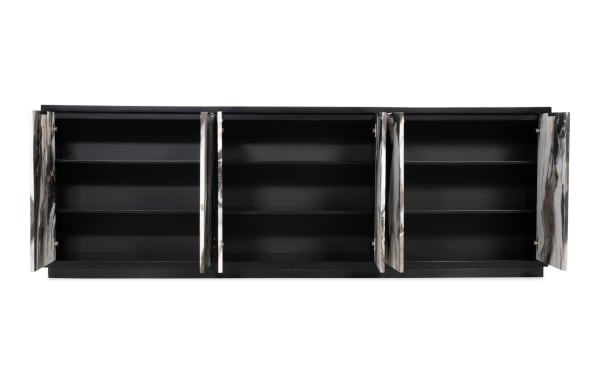 Modern black storage cabinet with three compartments, each featuring two shelves and marble-patterned glossy doors, ideal for stylish organization.