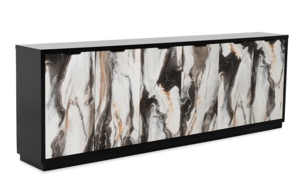 Modern black sideboard cabinet with six doors featuring a white, gray, and beige marble pattern. Sleek storage furniture for living rooms or offices.