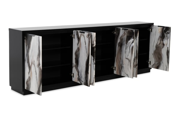 Black modern sideboard cabinet with four open doors featuring marble-patterned fronts in shades of white, gray, and brown, with interior shelves for storage.