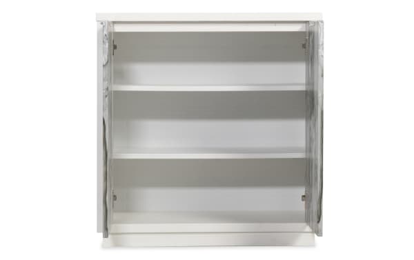 White wooden wall cabinet with two glass doors and two interior shelves, designed for bathroom or kitchen storage.