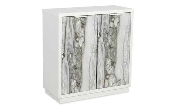 White wooden cabinet with two doors featuring a gray and white marble pattern, modern storage furniture for home or office.