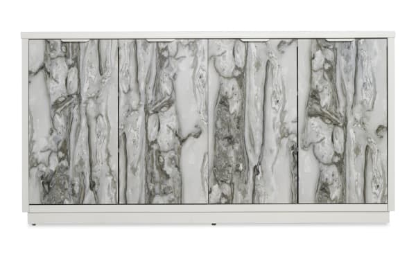 Modern sideboard cabinet with a white wood frame and five doors featuring a gray and white marble pattern, ideal for stylish storage.