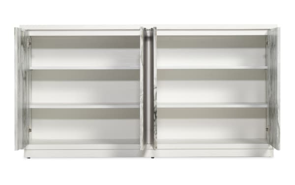 White wooden storage cabinet with marble-patterned doors, three interior shelves on each side, and a modern minimalist design.