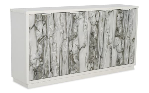 White wooden storage cabinet with four doors featuring a gray and white marble pattern, modern design, and horizontal handles.