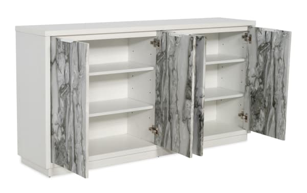 White wooden storage cabinet with three open doors featuring gray marble-patterned fronts, adjustable shelves inside for versatile organization.
