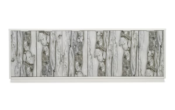 Modern sideboard cabinet with a white frame and textured gray marble-patterned front panels, featuring sleek metal handles and a minimalist design.