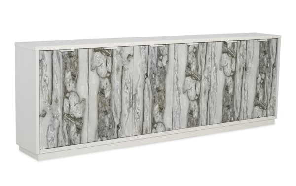 White wooden sideboard with six doors featuring a gray and white marble pattern, modern design, and sleek metal handles.