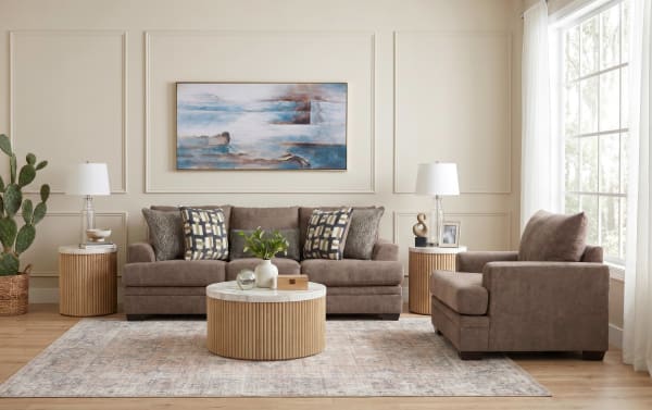 Transitional Savannah Cocoa 93'' sofa in brown polyester fabric with Bob-O-Pedic® memory foam cushions, five accent pillows, and durable construction.