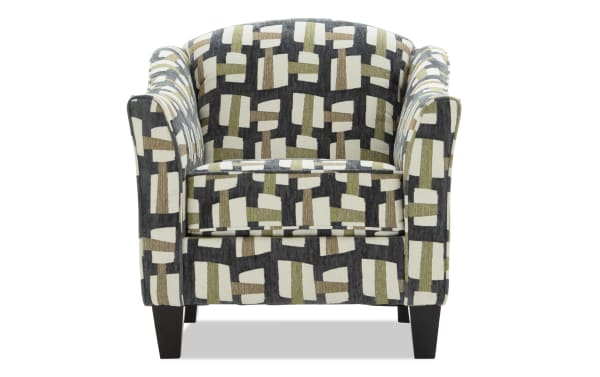 Contemporary club chair with geometric patterned upholstery in black, beige, and olive green, featuring curved arms and dark wooden legs.