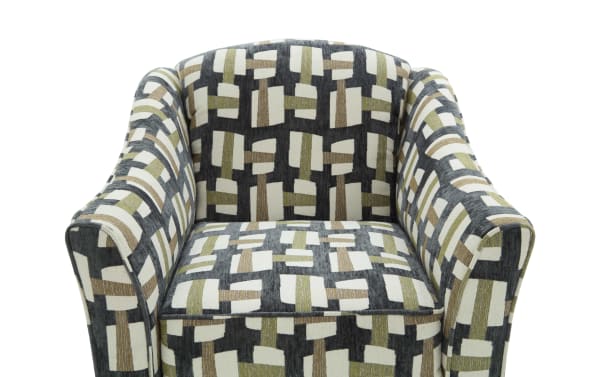 Upholstered armchair with a modern geometric pattern in black, beige, and olive green fabric, featuring rounded armrests and cushioned seat.