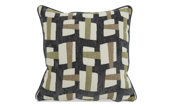 Square decorative throw pillow with a modern geometric pattern in cream, olive green, mustard, and dark gray colors, featuring a textured fabric.
