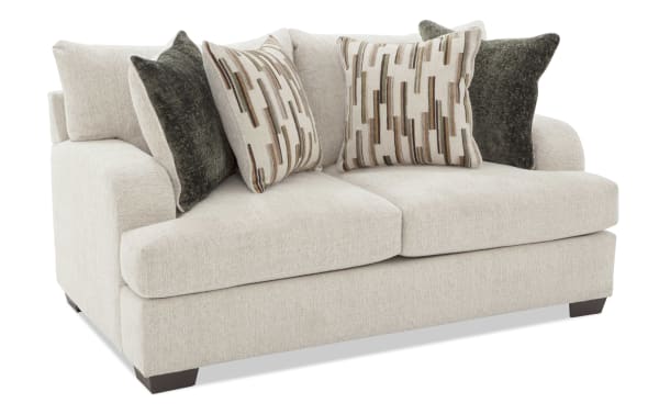 Cypress Beige 70'' Loveseat in beige polyester fabric with plush Bob-O-Pedic® Memory Foam cushions, transitional style, and decorative accent pillows.