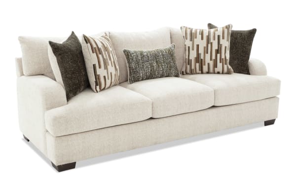 Cypress Beige 97'' transitional sofa with plush Bob-O-Pedic® Memory Foam cushions, beige polyester fabric, and patterned accent pillows for stylish comfort.