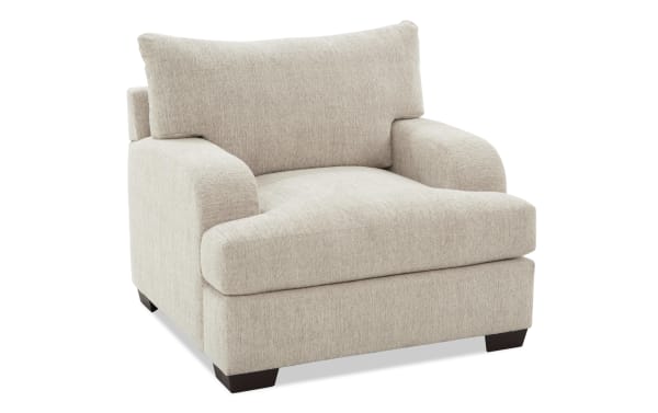 Transitional Cypress Beige Chair upholstered in soft polyester fabric with plush Bob-O-Pedic® Memory Foam cushion and pillow, ideal for living room relaxation.